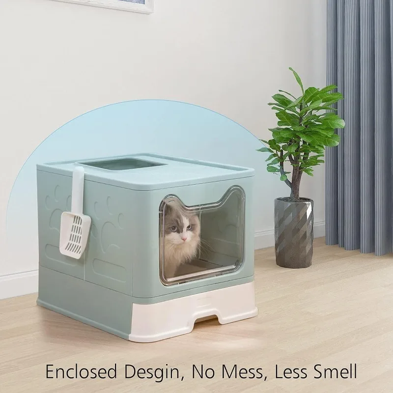 Foldable Cat Litter Box with Lid,No Smell Large Top Entry Litterbox with Cat Litter Scoop,Including Brush & Cleaning Glove