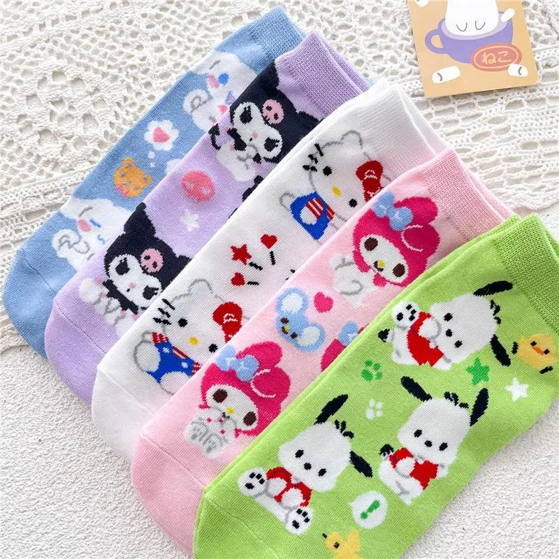 جوارب سانريو هالو كيتي ماي ميلودي كورومي سينامورول أنيمي ثنائية الأبعاد، جوارب قصيرة مريحة على شكل قلب فتاة حلوة قابلة للتنفس