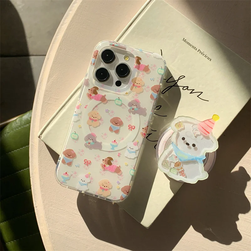 Korean Cute Puppy Magnetic Phone Case For iPhone 16 Pro 15 12 14 13 Pro Max Cover with Magsafe Stand Holder Kawaii Cases 15Pro