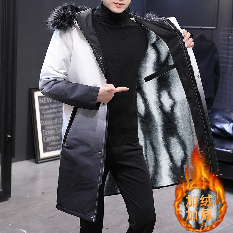 

Winter New Men's Parka Hooded Woolen Collar Cotton Coat with Plush and Thickened Warmth, Fashionable Mid Length Windbreaker