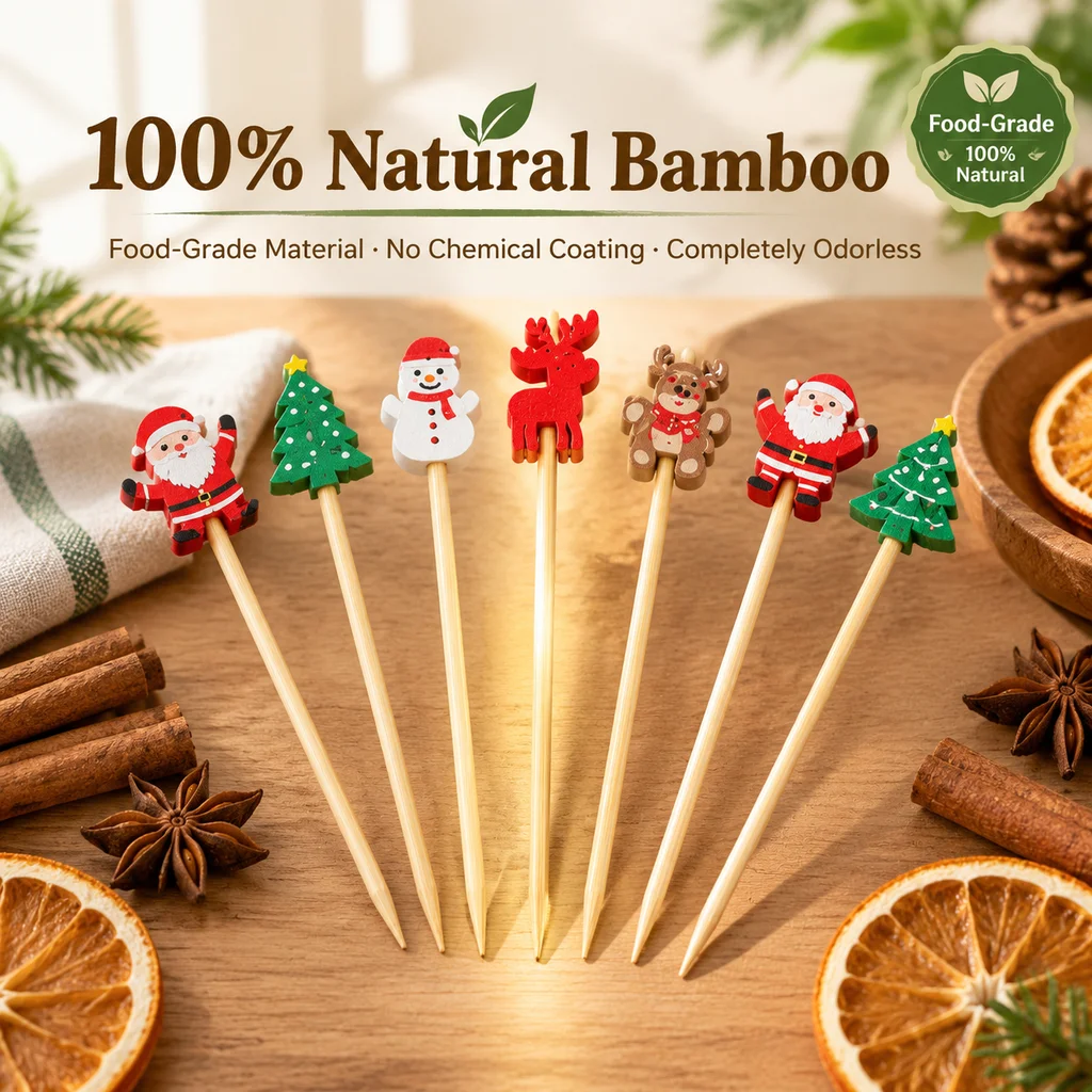 Christmas Bamboo Fruit Picks Santa Snowflake Elk Cedar Decorative Toothpicks Disposable Forks for Party Dessert Plate