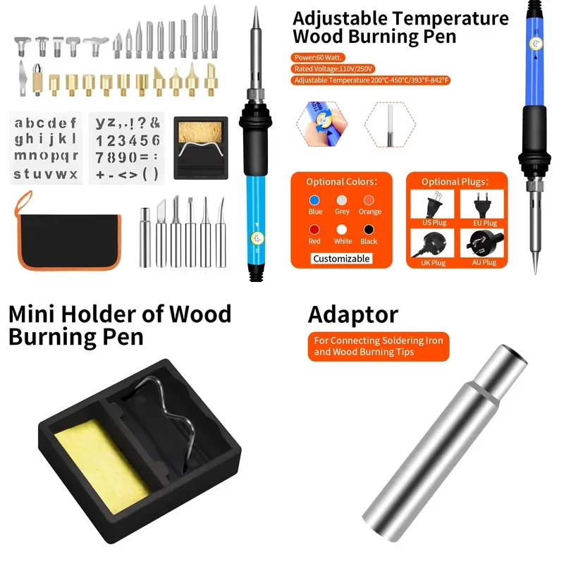 37pcs/set Wood Pyrographying&soldering Tools Kit 60W Wood Burning Pen Soldering Iron With Wood Burning Tips and Soldering