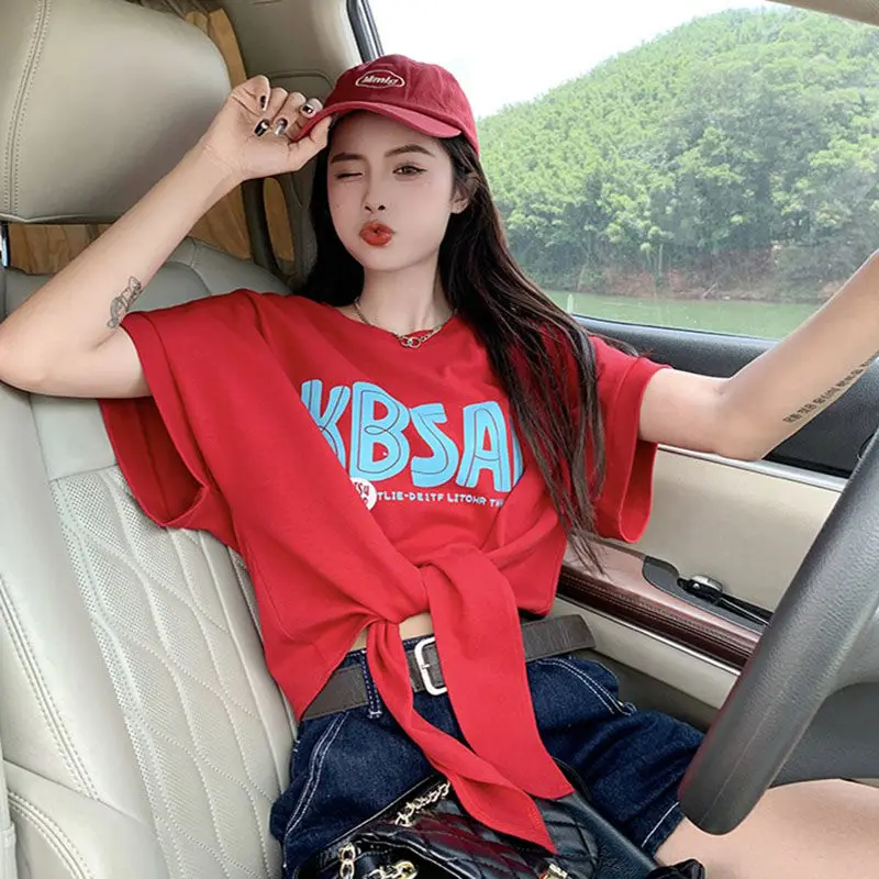 

women clothing Summer Korean Fashion Letter Solid color O-neck Femme All-match fashionable Cotton Loose short sleeve Cardigan