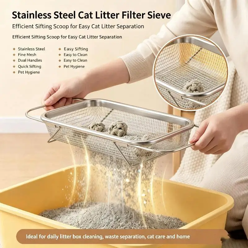 Edelstahl-Katzenstreuschaufel mit ergonomischem Griff und breitem Sieb zur Entfernung von Katzenstreu, Haustierbedarf – Detail 1