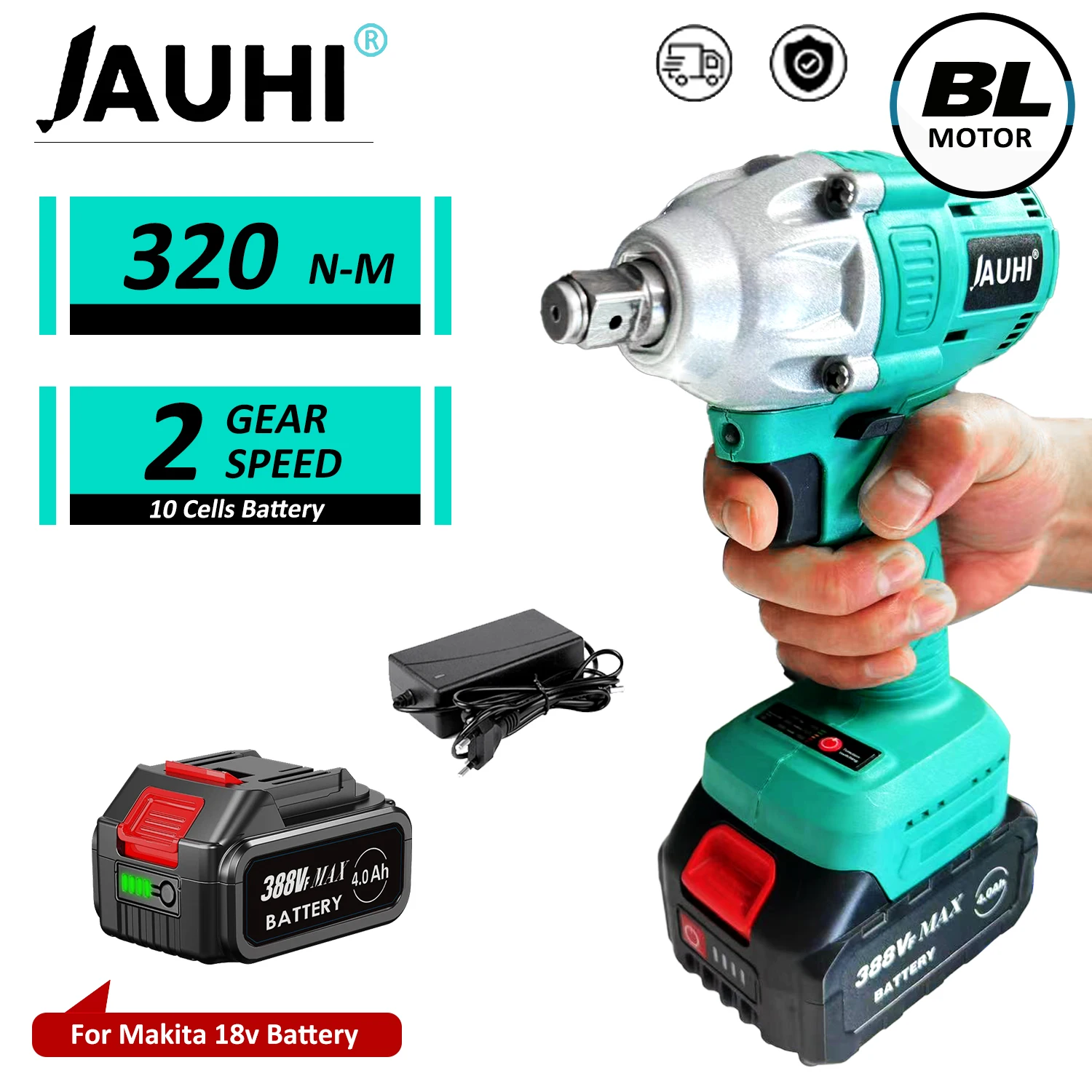 JAUHI 320N.m Cordless Electric Impact Wrench Brushless Electric Wrench Hand Drill Socket Power Tool For Makita 18V Battery