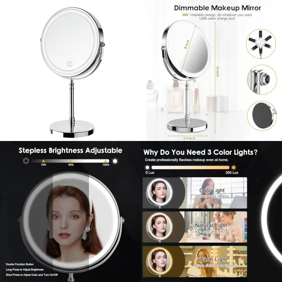 

Makeup Mirror, 3000mAh Rechargeable Double-Sided Magnifying Vanity Mirror with 3 Colors, 1X/10X, Adjustable Brightness, Gifts f