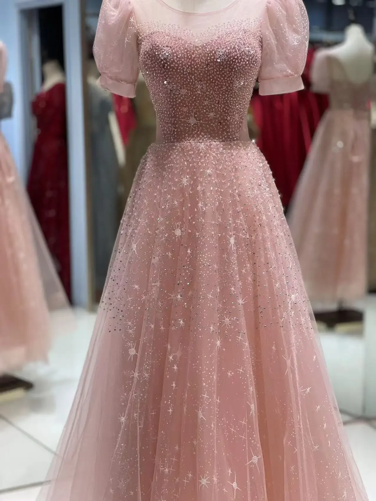 Customized  Luxury Evening Dress for Women Scoop A-line Puff Sleeve Sequins Beading Long Formal Party Gowns Vestidos De Noche