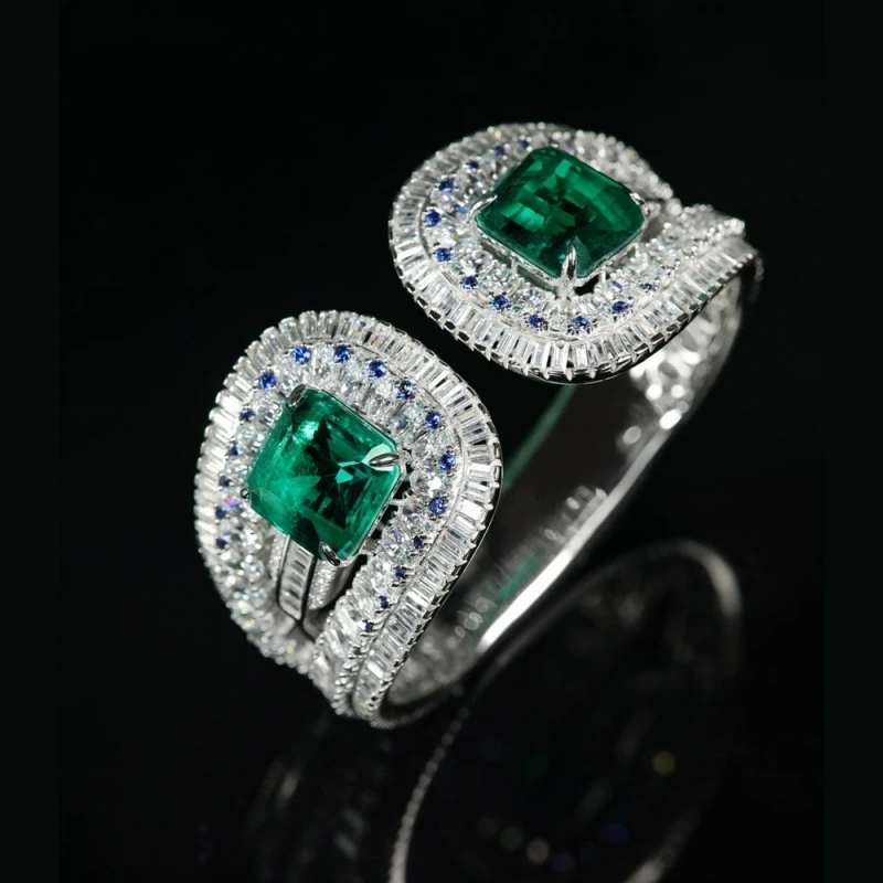Bellux Open Design Bangle S925 Silver Setting Green Zircon Square Emerald Banquet Luxury Wide Version Bracelet