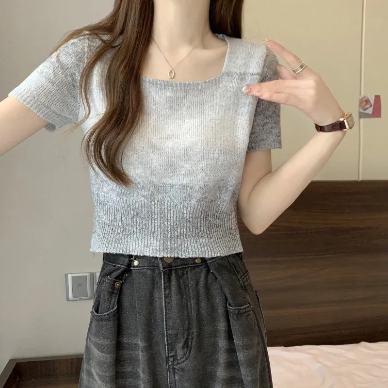 Women's Gradient Color Block Square Neck Short Sleeve Knit Top Retro Cropped Slim Fit Casual Knitted Tee