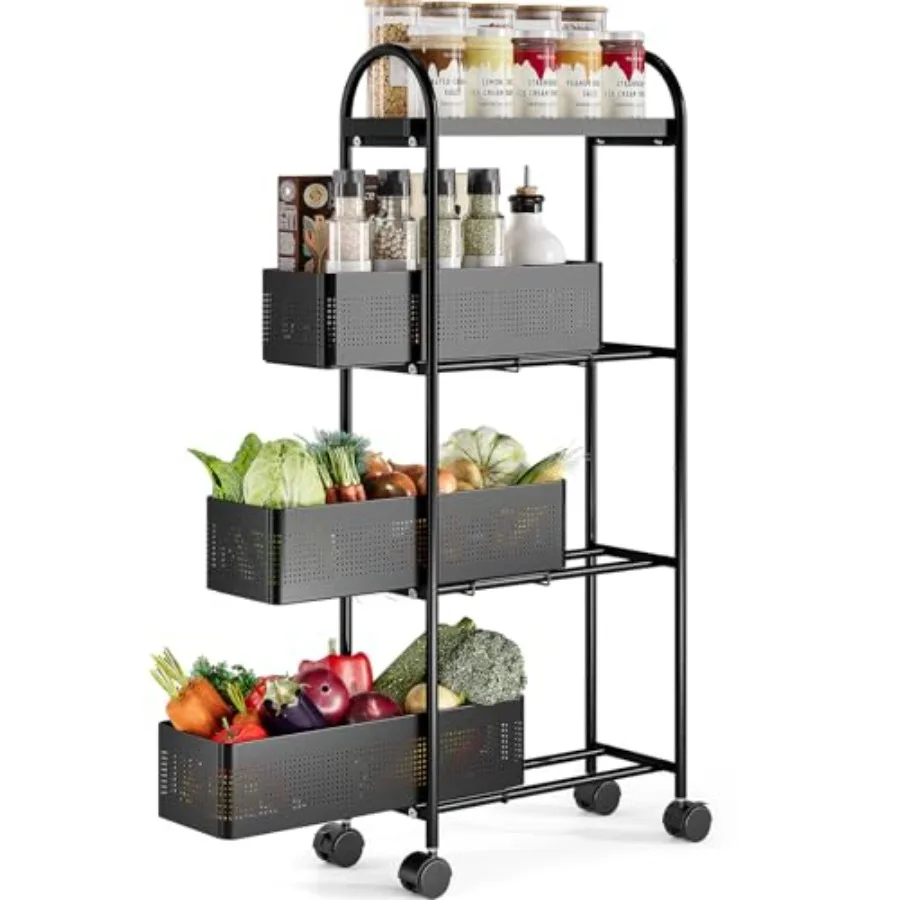 4-Tier Slim Storage Cart with 3 Pull Out Basket Rolling Bathroom Organizer Utility Metal Shelving Unit Slide Out Lockable Wheel