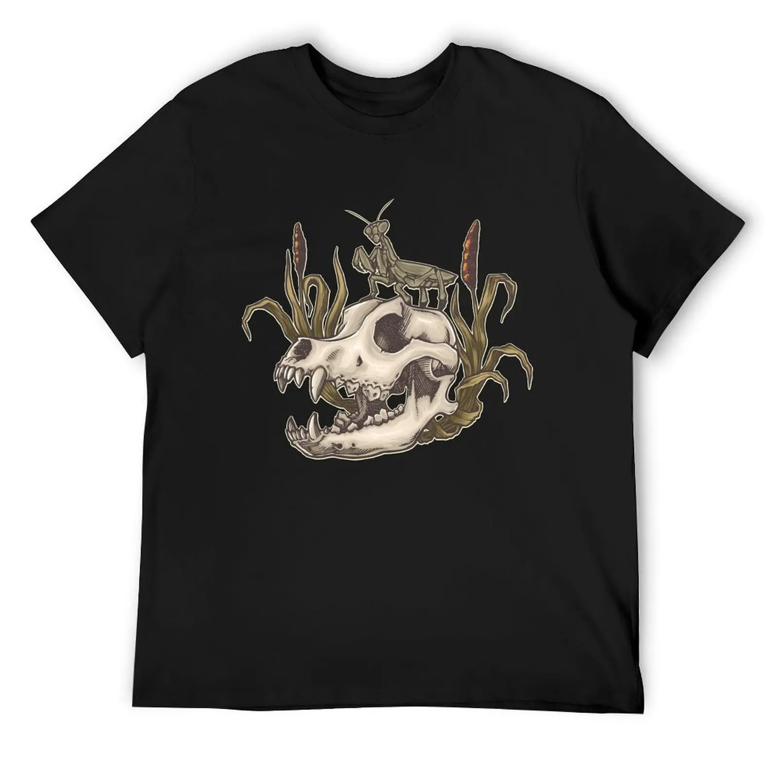 

Mantis standing on dog skull amoung dead weeds T-Shirt sublime funny costumes mens clothing