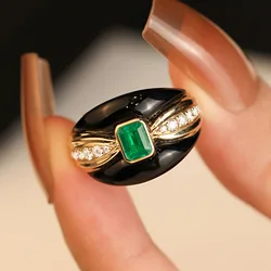 Foydjew French Style Retro Black Enamel Rings Inlaid Simulation Emerald Black Agate Stud Earrings Banquet Women Jewelry Sets