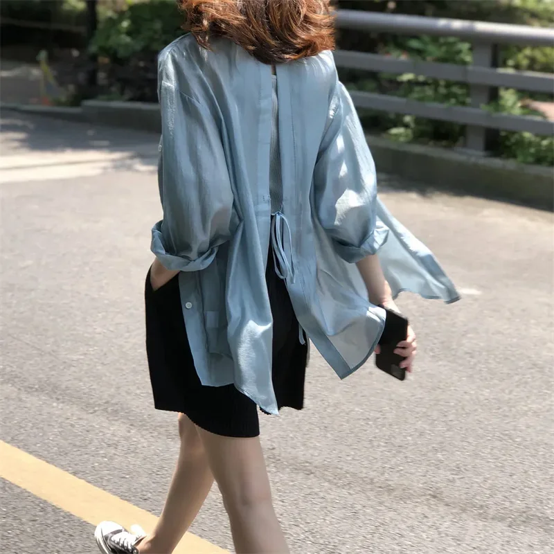 Tencel Shirt Blouse Summer Women T-Shirt Coat Lace-Up Backless Tops Loose Sunscreen Clothing Thin Fashion Long Sleeve Tee Shirts