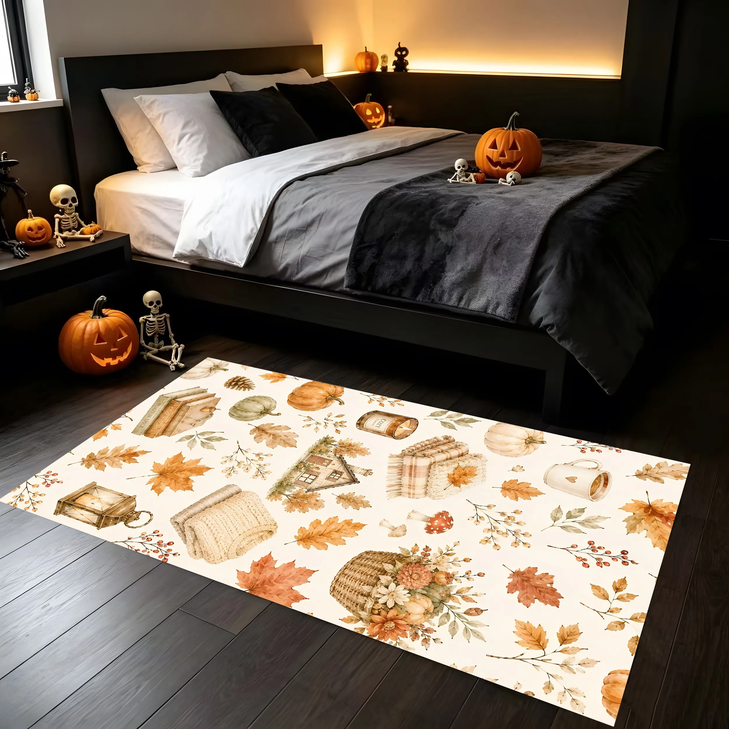 2D Large Carpet Maple Leaves Pumpkins Warm Autumn Elements Retro Watercolor Style Warm Soft Tones Eye Catching Thanksgiving Warm
