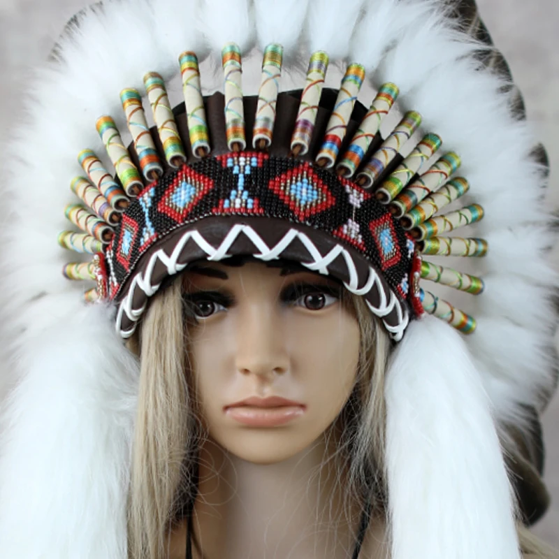 Indian Hat Feather Headdress White feather headwear Men Women Head Accessories for Carnival Show Fancy Dress Cosplay Halloween