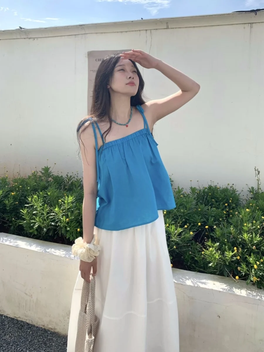 Top Solto com Alças Dopne Sweet Pure Desire para Mulheres, Nova Coleção de Verão 2024, Série de Cores Candy, Top com Nó em Mistura de Algodão e Poliéster