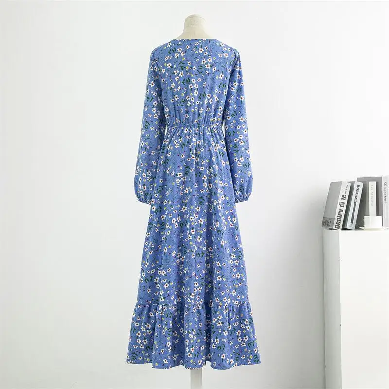 Abiti lunghi in chiffon da donna primavera autunno Casual stampati floreali corteccia increspato abiti lunghi o-collo manica lunga abito maxi
