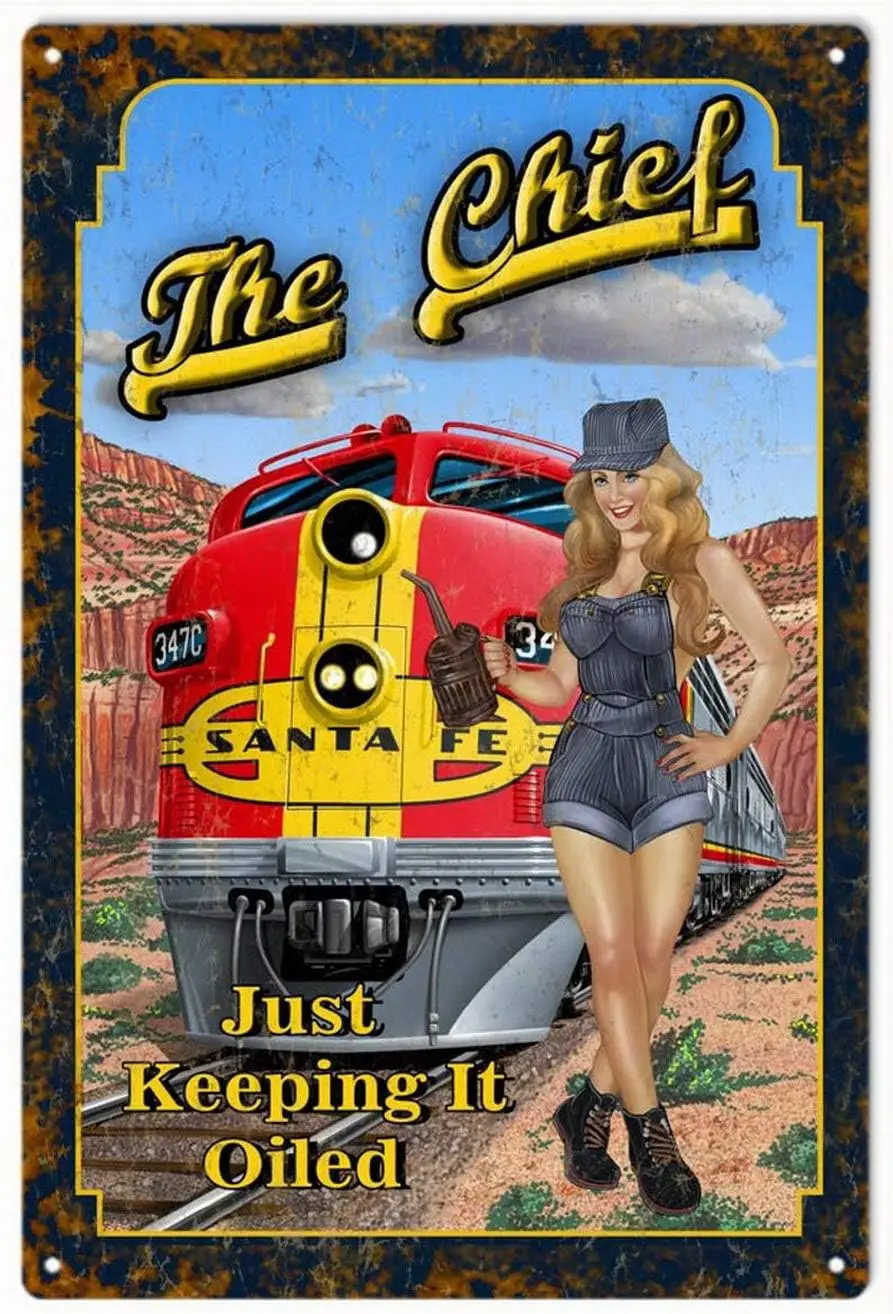 The Chief Railroad Pinup Girl Rust Vingtage Metal Sign Garage Oil Man Cave Signs 8X12 Inch