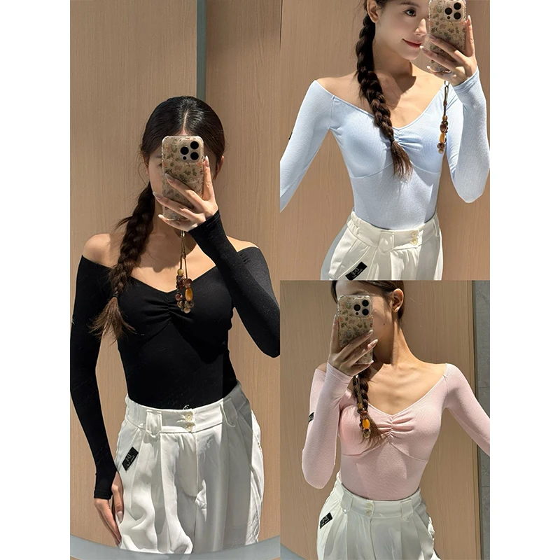 

Latin Dance Tops Women Long Sleeves Off Shoulder Leotards Rumba Samba Dance Training Practice Clothing Adult Dance Tops DNV26001