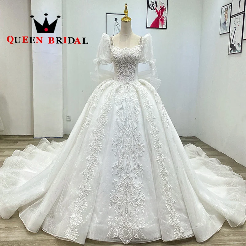 

Exquisite Beading Appliques Lace Sequined Wedding Dresses Boat Neck Puff Sleeve Bridal Ball Gowns Vestido De Noiva Custom S82Y