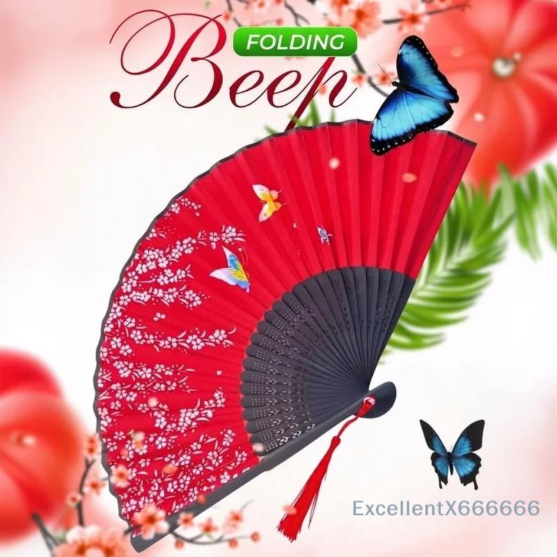 Lightweight Chinese Folding Silk Fan Willow Pattern Bamboo Ribs Pretty Tassel for Cosplay Outdoor Cooling Use