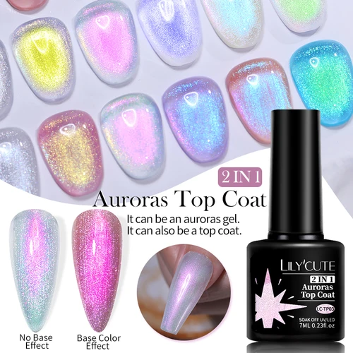 Imagen 2 del producto LILYCUTE 7ML Aurora Glitter esmalte de uñas en Gel azul púrpura Sparking Gel Nail Art Gel UV semipermanente 2 en 1 función capa superior