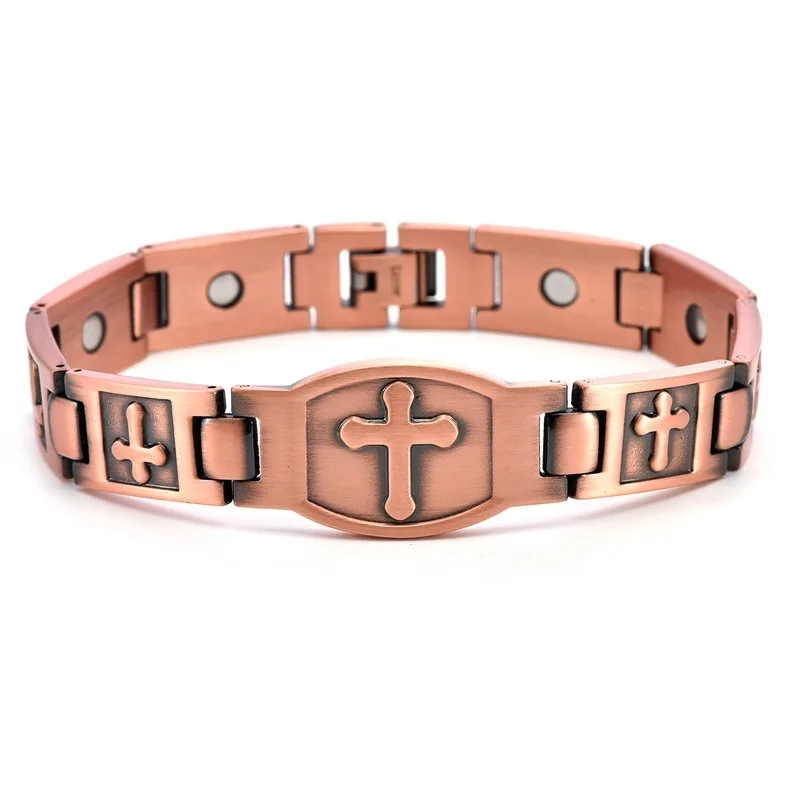 Vintage Cross Pure Copper Bracelet Negative Ion Magnetic Therapy Pain Relief Health Fashion Unisex Wrist Jewelry