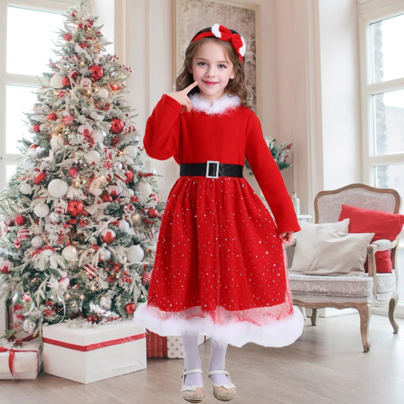 

Kids Girls Christmas Dress Red Princess Outfits Toddler Children Sequins Stars Dresses Xmas New Year Party Costume 1-6 Years New