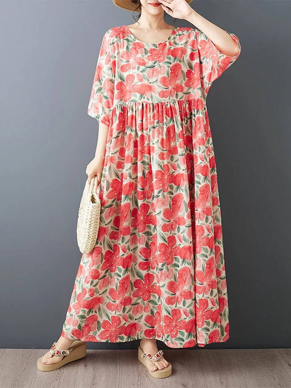 

Bohemian Style Vacation Casual Loose Fit round Neck Short Sleeve Maxi Dress Pink Flower Print Breathable Cotton Gown