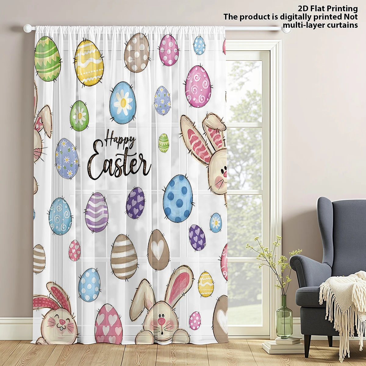 1 Piece Happy Easter Cute Rabbit & Egg Sheer Curtain - Light Reducing, Privacy, Rod Pocket, Translucent, for Living Room/Bedroom
