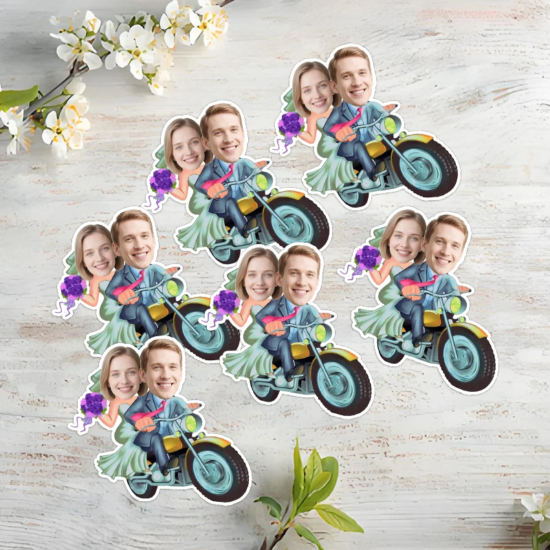 Custom Funny Wedding Couple Stickers Personalized Face Bride Groom on Motorcycle Decals Waterproof Bridal Shower Party Decor ﻿