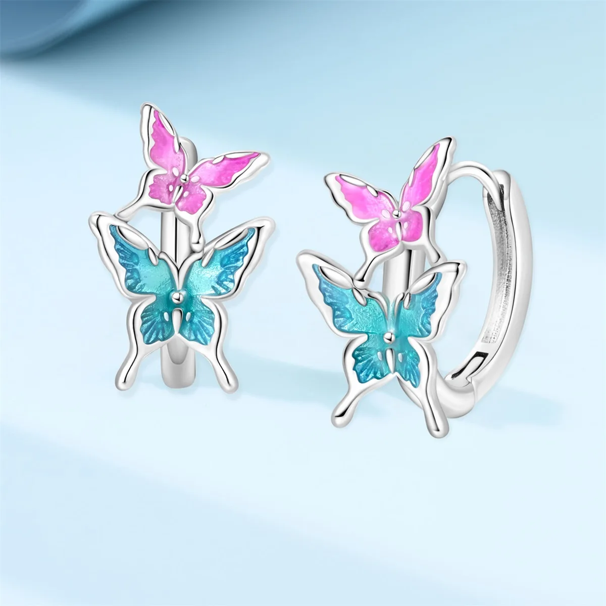 S925 Sterling Silver Pink‑Blue Gradient Enamel Twin Butterfly Huggie Hoop Earrings Colorful Insect Dangle Earring Jewelry Gift