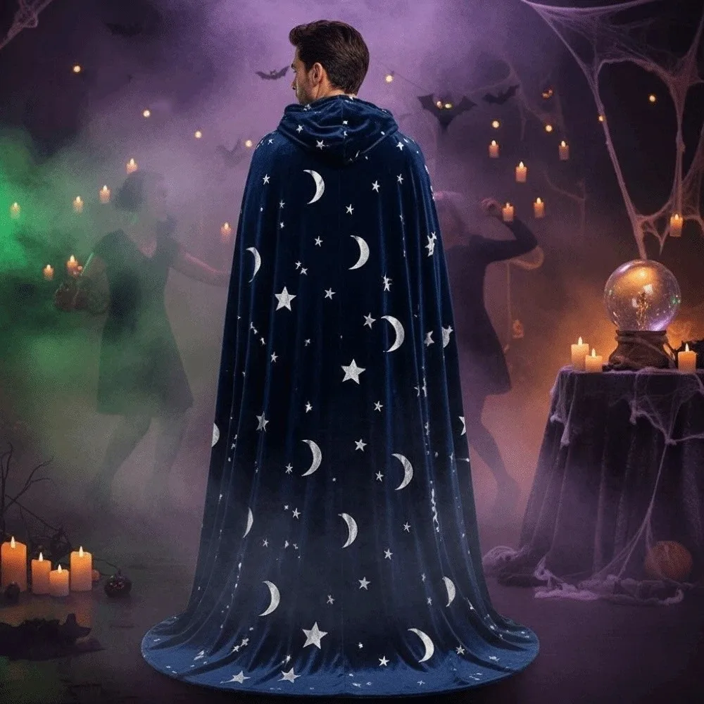 Tie Up Closure Velvet Hooded Cloak Soft Fabric Foil Printed Gothic Party Apparel Wrinkle Resistant with Hood Costume Robe