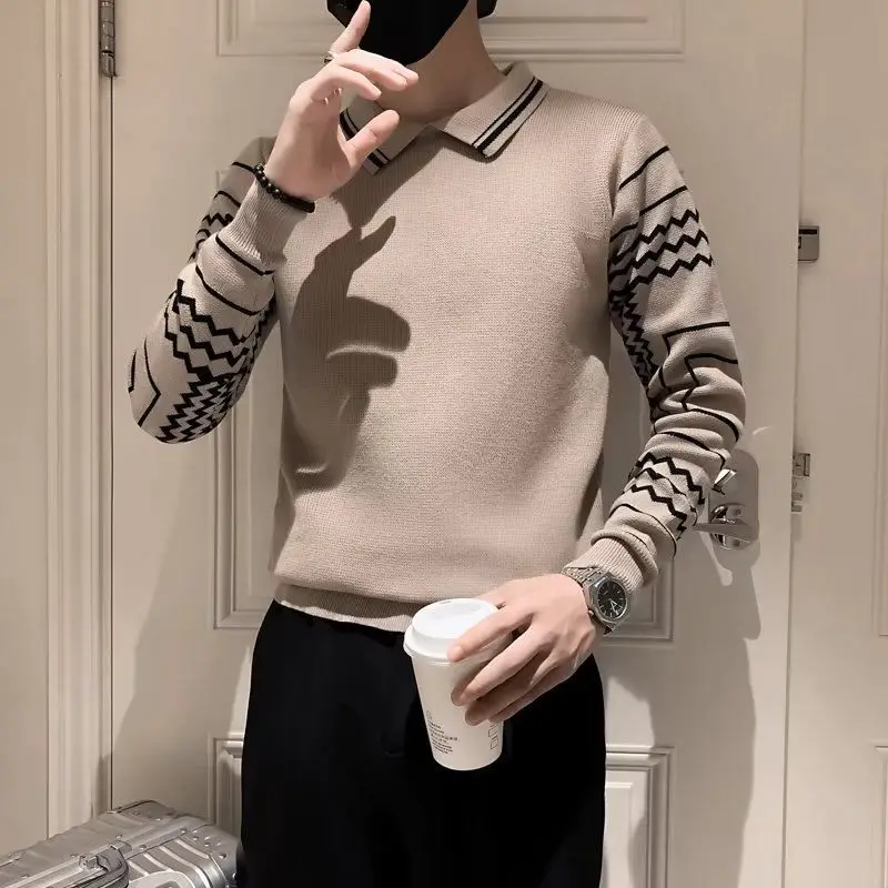 Striped Geometric Men's Clothing Long Sleeve Turn-down Collar Autumn Winter Sweater Pullover Knitted Fashion High Street Tops