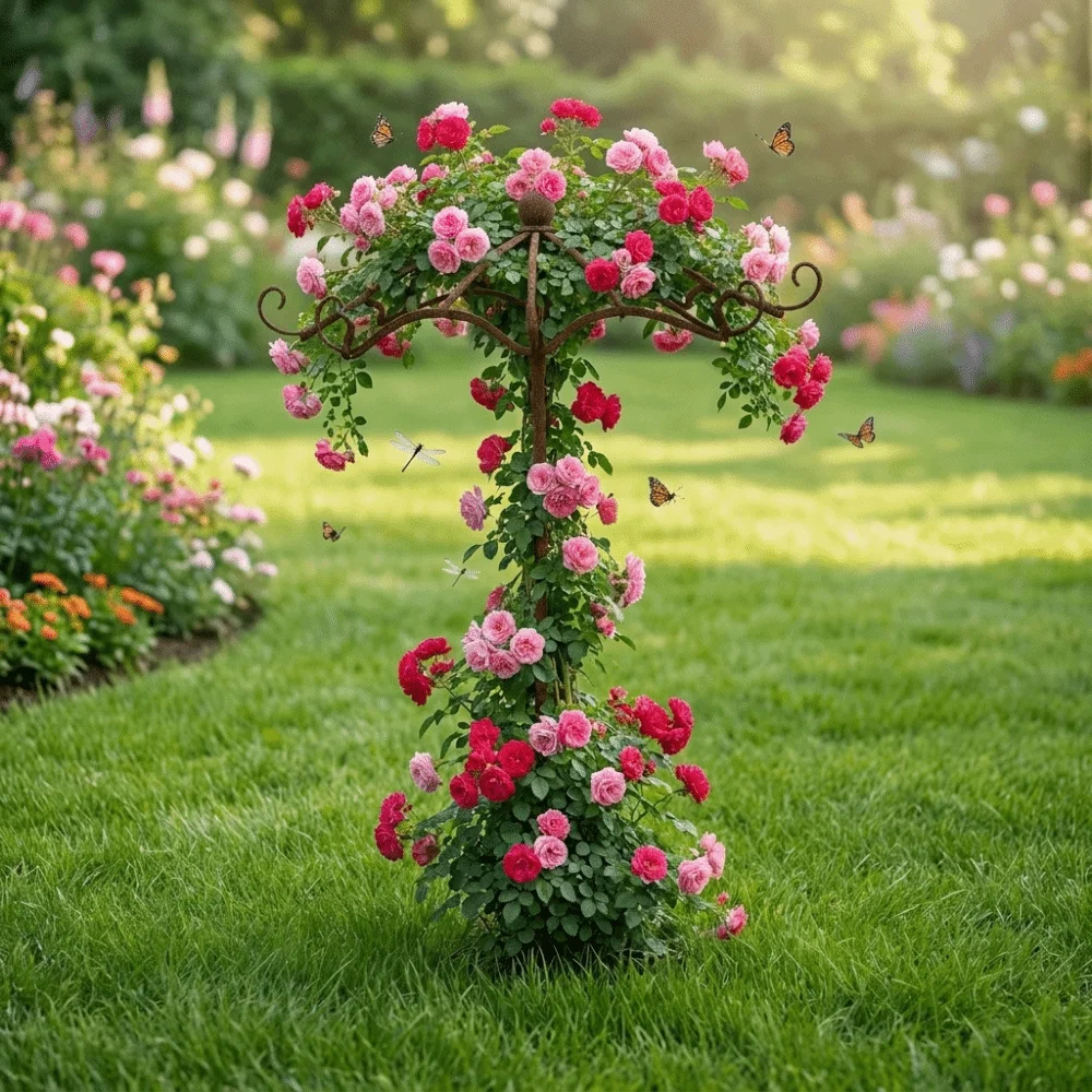 Retro Rusted Umbrella Shape Plant Support Pile Prevent Tipping Over Detachable Bonsai Fixing Rod Iron Weather-Resistant
