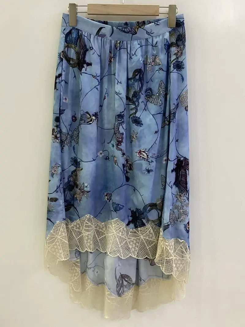 Half skirt women's summer new high-end comfortable texture silky smooth skin friendly light blue printed lace half skirt