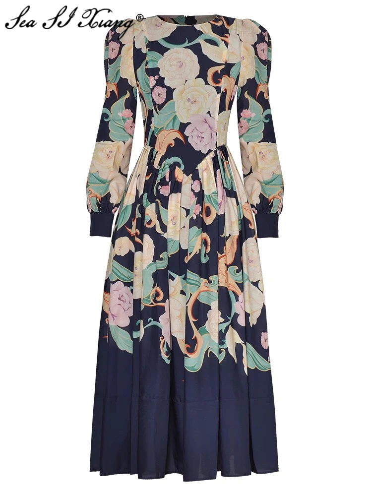 

Seasixiang Fashion Designer Autumn Dress Women O-Neck Lantern Sleeve Flower Print Vintage Party Long Dresses