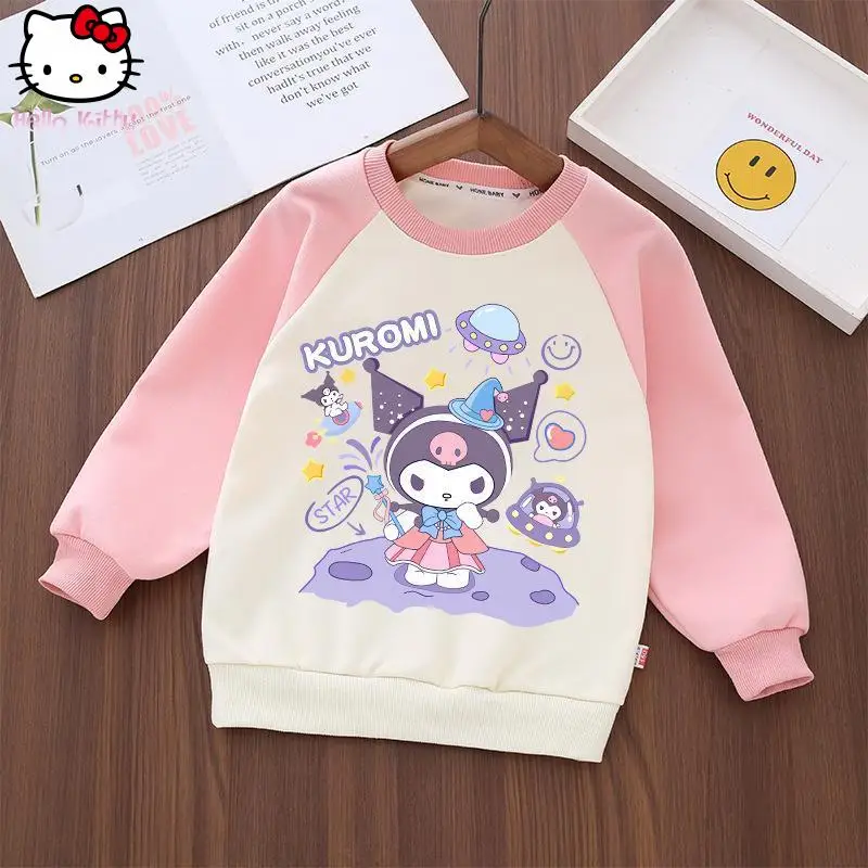 

Футболка с длинными рукавами и капюшоном для девочек Hello Kitty, детская стильная футболка с героями мультфильмов Kawaii, новинка весны и осени, стильная футболка в стиле аниме, повседневные топы