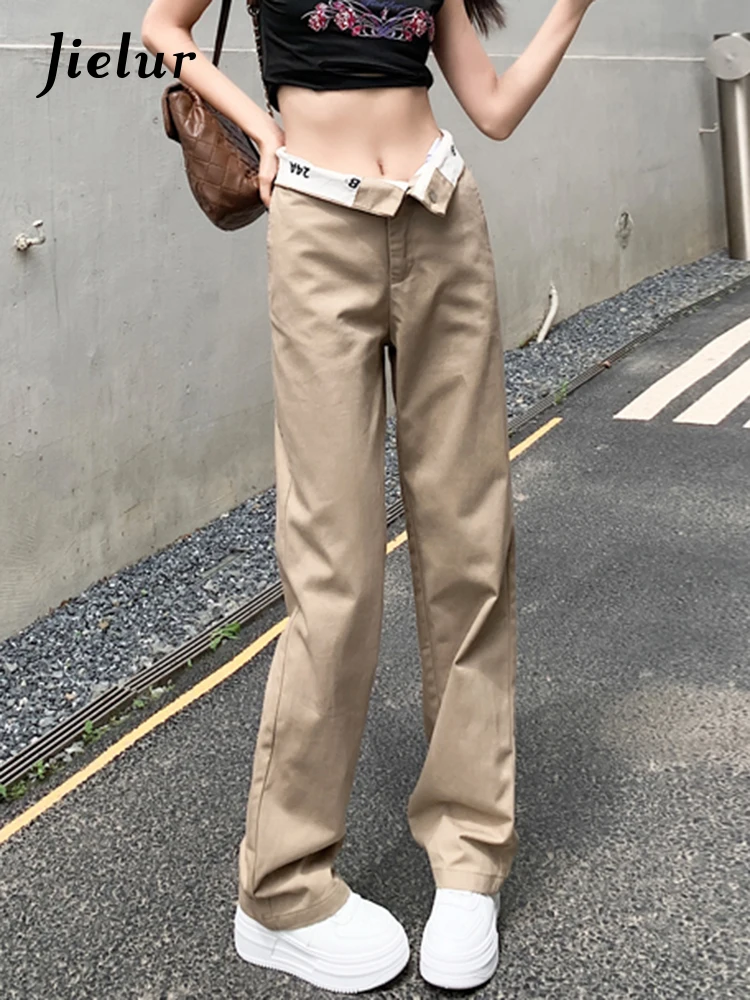 Jielur Hit Color High Waist Pants Women Pockets Loose High Street Straight Pants Summer Navy Blue Khaki Trousers Female S-XL