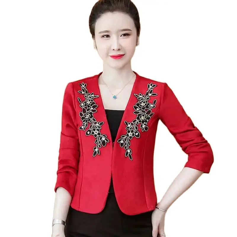 

Spring Autumn Short Pure Colour Casual Jacket Women 2024 New Loose Cardigan Coat Fashion Embroidered Beading Outwear Female