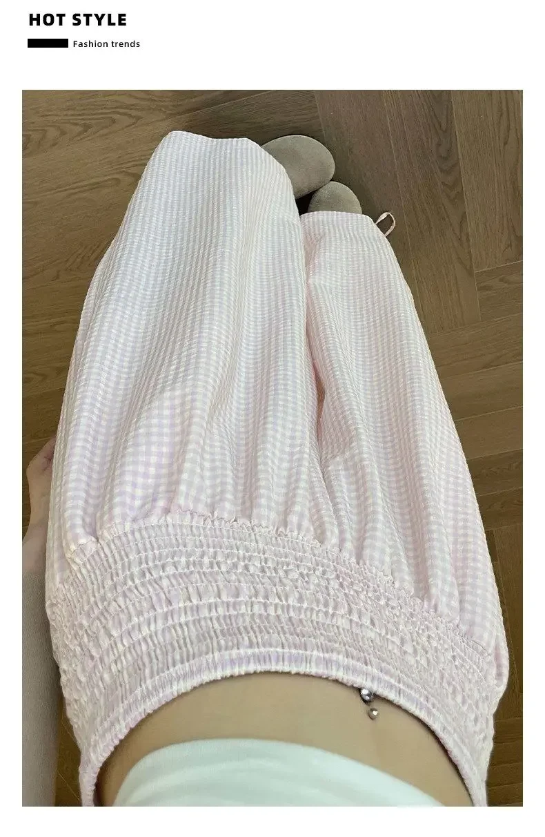 2026 Herbst Koreanischer Stil Rosa Karierte Damen-Weitbein-Hose Hohe Taille Locker Sitzend Figur-Schmeichelnd Eisseiden-Haremshose – Detail 8
