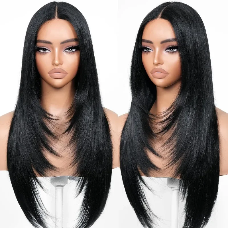 Synthetische Lace Front Pruik Lang Gelaagd Recht Licht Golvend Zwart voor Beginners Voorgeplukt Hittebestendig Midden Gemakkelijk te dragen