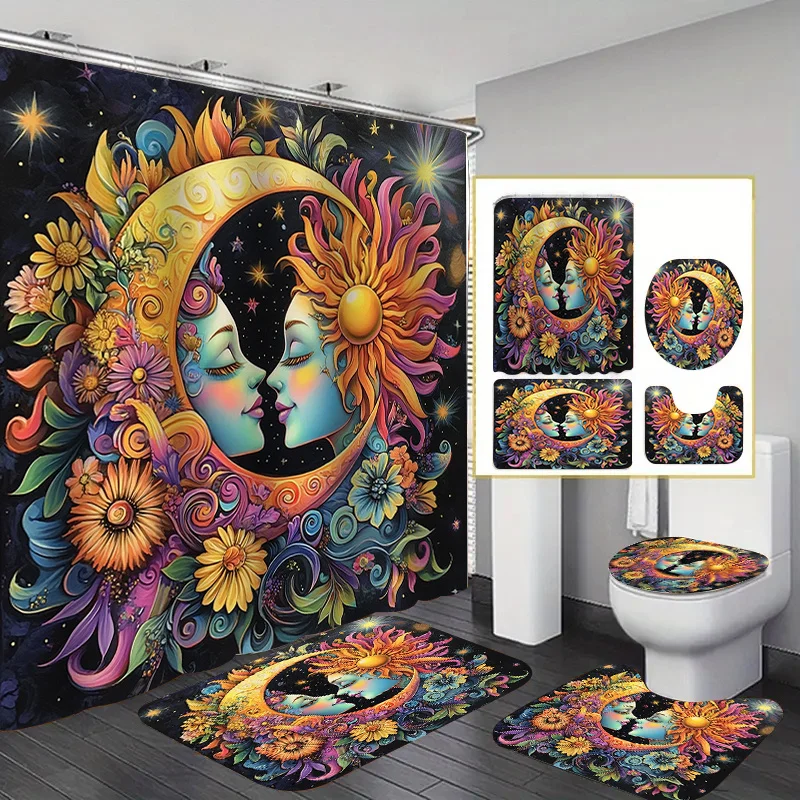 

1/4pcs Abstract Sun and Moon Art Bathroom Accessory Set, Water-Resistant Polyester Bath Decor Kit, Machine Washable, with Non-Sl