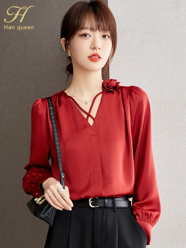 

H Han Queen New Arrival Loose Shirts Korean Popular Clothes Elegant Blouse For Women Vintage Work Casual Top Chiffon Blouse