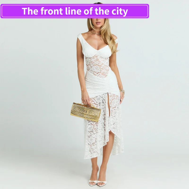 

Сексуальное кружевное платье с разрезом, облегающее, с открытыми плечами, асимметричное, на молнии, плиссированное, из полиэстера, летнее, женское