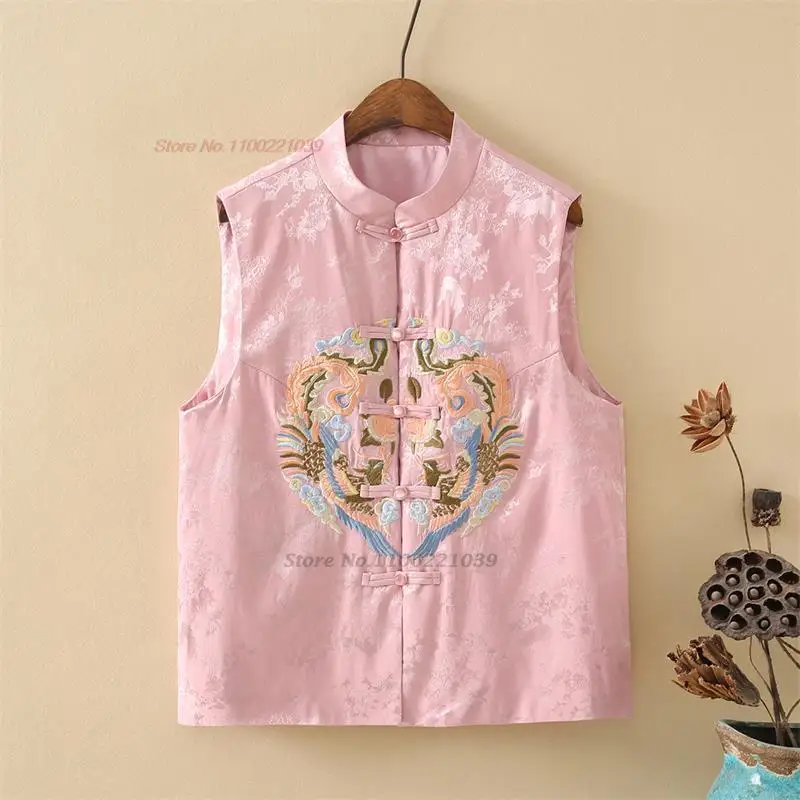 2024 chinese vintage gilet national flower embroidery satin jacquard vest tang suit oriental stand collar sleeveless jacket vest