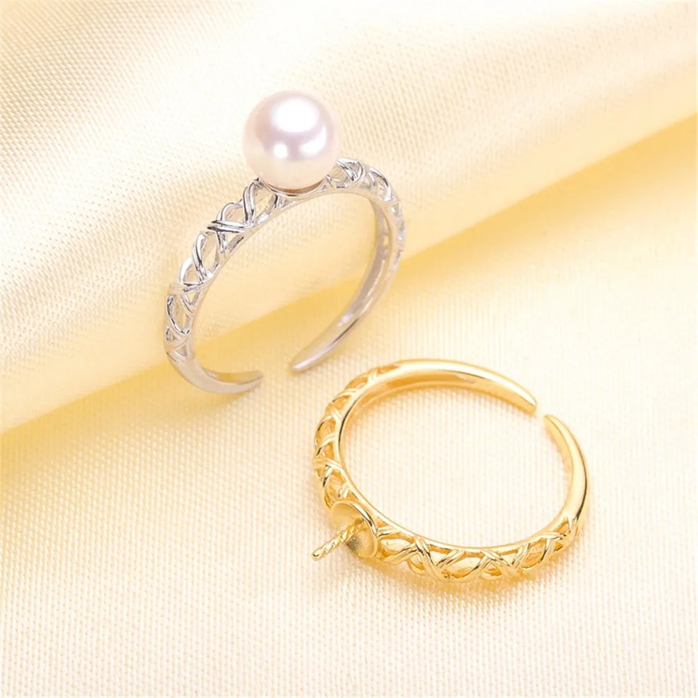 

DIY Pearl Ring Accessories S925 Silver Adjustable Pearl Jade Ring Set Fit Exquisite 6-8mm Round Beads Z038