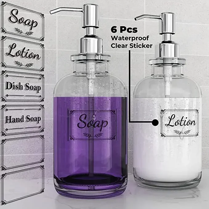 500ml Clear Glass Soap Dispenser Bottle Bathroom Shampoo Shower Gel Stainless Steel Pump Push Glass Container With Label