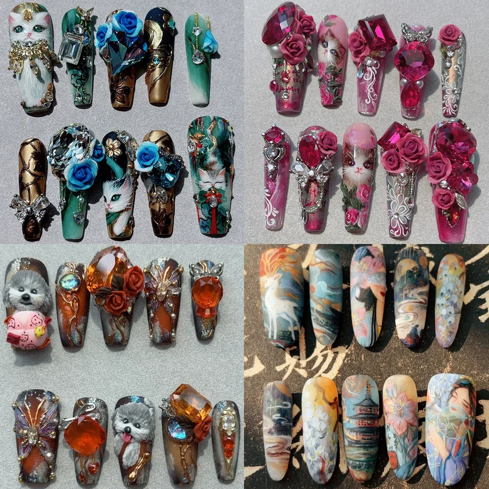 

10Pcs High Quality Luxurious Classical Handmade Press On Nails Animal Cat Flower Diamond Long Coffin Ellipse Nail Party Stickers