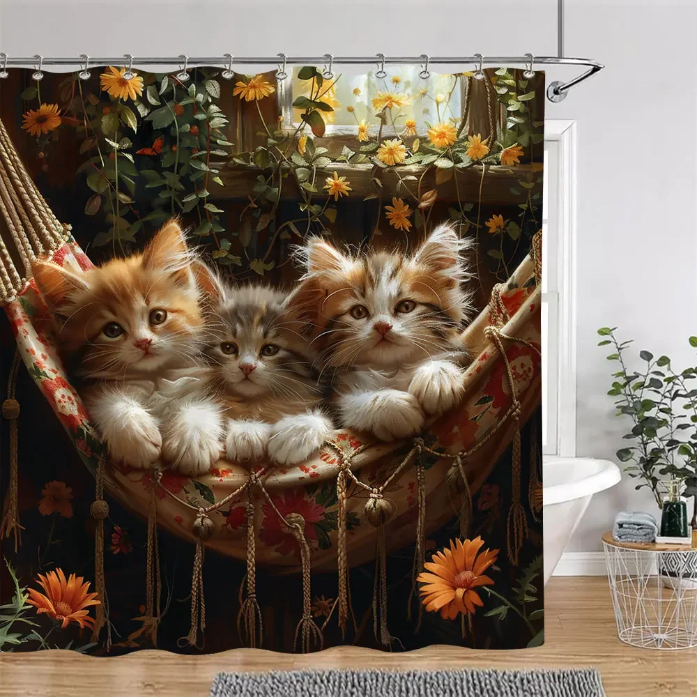 

Cute Cat in Cradle Shower Curtain Flower Stand Potted Plant Flower Vintage Pattern Polyester Fabric Bath Curtains Bathroom Decor